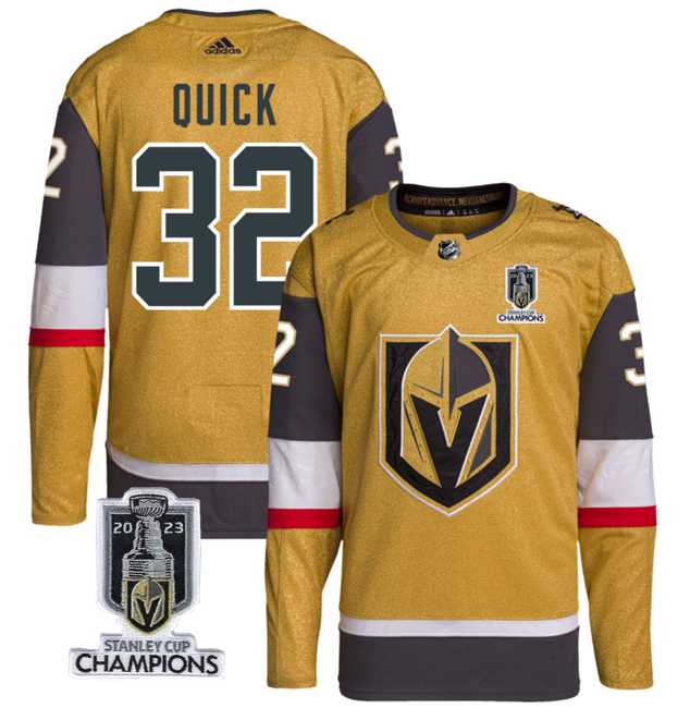 Mens Vegas Golden Knights #32 Jonathan Quick Gold 2023 Stanley Cup Champions Stitched Jersey